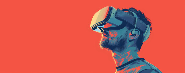 Wall Mural - Young man with virtual reality headset. Male in VR glasses on red background. VR, AR, metaverse, future, gadgets, technology, education online, study, video game concept. Futuristic technology