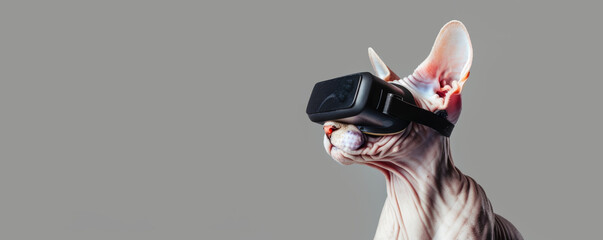 Wall Mural - Sphynx cat in virtual reality headset. Pet in VR glasses on gray background. VR, AR, metaverse, future, gadgets, futuristic technology, education online, video game concept. Creative and humor banner