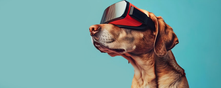 Dog in virtual reality headset. Pet in VR glasses on blue background. VR, AR, metaverse, future, gadgets, futuristic technology, education online, video game concept. Creative and humor banner