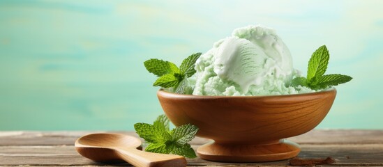 Canvas Print - A dish of refreshing mint ice cream garnished with fresh mint leaves, served with a wooden spoon on a rustic wooden table, perfect for sharing on a warm day