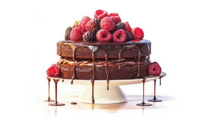 a chocolate cake with raspberries and blackberries on top on a white plate