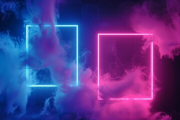 Wall Mural - Futuristic background with neon blue and pink luminous squares and steam or smoke