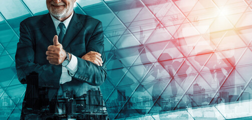 Wall Mural - double exposure image of success business people on abstract modern city background. future business