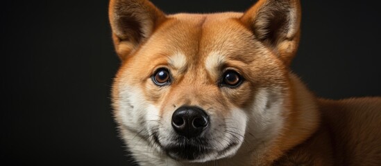 Canvas Print - A closeup of a Shiba Inu, a dog breed in the Sporting Group, with fawncolored fur and whiskers, looking at the camera on a black background