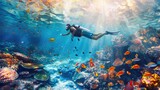 Fototapeta Do akwarium - male scuba diver, swimming underwater, under tropical sea clear blue, Colorful coral reef, underwater and  the seabed, snorkeling amongst many exotic fish