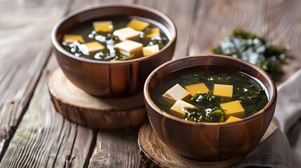 Japanese miso soup with tofu cubes and seaweed. isolated on transparent background
