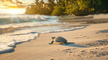 Wall Mural - Little sea turtle on the sandy beach in morning time. Baby green turtle. Sea animals
