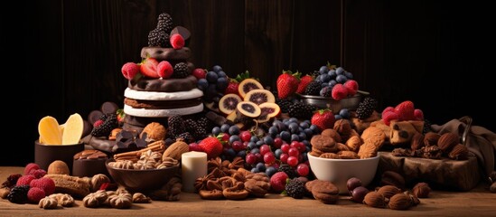 Canvas Print - An artfully arranged wooden table displays a variety of natural foods including nuts, berries, pretzels, and a decadent birthday cake, creating a visually appealing dessert dish for the event