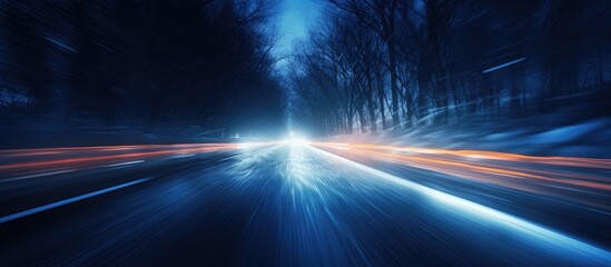 Canvas Print - A captivating scene of a car cruising down a dark highway at night, with atmospheric lighting illuminating the asphalt road surface and lens flare reflecting off the water droplets in the air