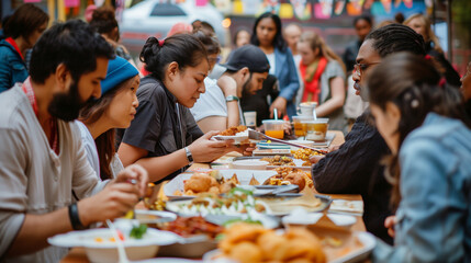 Wall Mural - People from various cultural backgrounds gathered around a communal table at a food festival, enjoying diverse cuisines