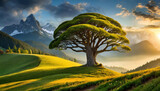 Fototapeta Do pokoju - Samotne drzewo, zielony krajobraz