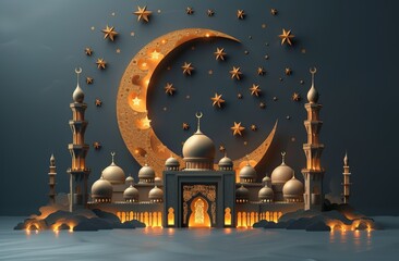 Modern greeting card with 3D mosque, crescent, and stars on a dark background. Suitable for Islamic holidays such as Ramadan, Hari Raya, Eid al-Adha, and Mawlid