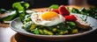 A plate of food featuring eggs, strawberries, and spinach served on a table. This nutritious dish combines staple foods and leafy vegetables for a delicious and satisfying meal