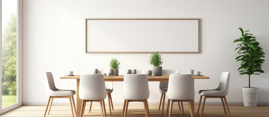 Wall Mural - Modern interior background with a mockup poster frame in a Scandinavian style dining room.