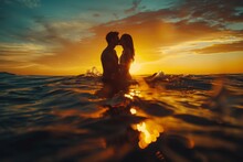 A Couple In Love Kisses On The Seashore In The Rays Of The Setting Sun. Silhouette In Yellow Shades. Go-pro Shot.
