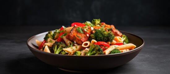 Wall Mural - A delicious dish of pasta with broccoli and tomatoes, a perfect combination of ingredients from the plant kingdom, served on a table