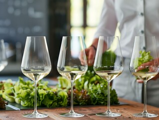 Canvas Print - A man is preparing a salad with wine glasses. Generative AI.