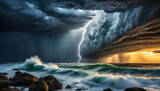 Fototapeta  - Krajobraz morski, burza i sztorm. Dramatyczne  burzowe chmury, piorun