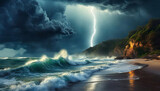 Fototapeta  - Krajobraz morski, burza i sztorm. Dramatyczne  burzowe chmury, piorun