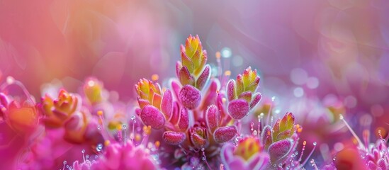 Canvas Print - A closeup of a magenta flower, with water drops on its petals. The flower belongs to a terrestrial plant, a herbaceous plant, and a flowering plant