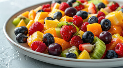 Wall Mural - Close up of fruit salad made with mango, kiwis, blueberries, raspberries, strawberries and chia seed on white plate, light background.