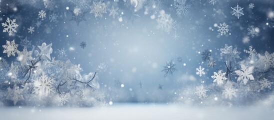 Poster - A natural landscape covered in a blanket of snow with snowflakes falling from the electric blue sky, creating a freezing and serene winter landscape