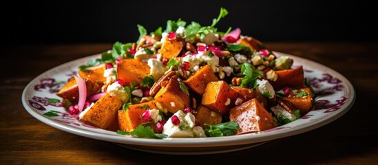 Sticker - An appetizing dish of salad with fresh ingredients like pomegranate seeds, vegetables, and greens, beautifully plated on a wooden table