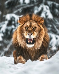 Wall Mural - Impressive Lion feline big cat in the snow illustration made with Generative AI 