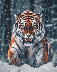 Wall Mural - Impressive Tiger feline big cat in the snow illustration made with Generative AI 