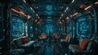 An inside of a cyberteck spaceship with elegant design and seating