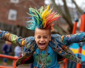 Sticker - A young boy with colorful hair and a jacket on. Generative AI.