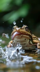 Poster - a frog with a fly on its tongue in a river. generative ai.