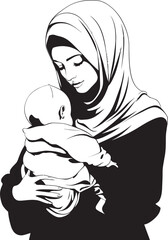 Seraphic Serenity Hijab Woman and Small Child Emblem Maternal Harmony Traditional Hijab Mom with Toddler Vector