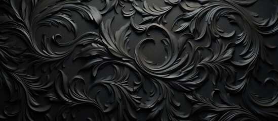Poster - A close up of a monochrome black floral pattern on a wall, creating a striking contrast against the grey background. The intricate details resemble a piece of art in still life photography