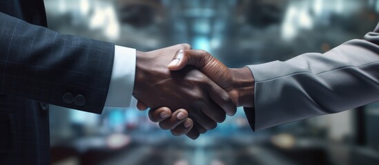 Poster - A man and a woman in formal wear are sharing a handshake gesture in an office. The mans electric blue tie catches the eye as they engage in a formal event