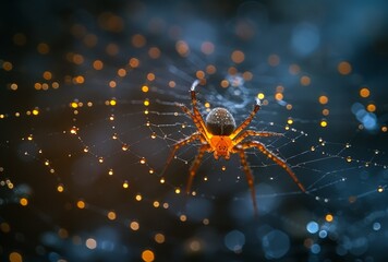 An orange spider navigates a glittering web under a soft-focus light creating an ethereal atmosphere