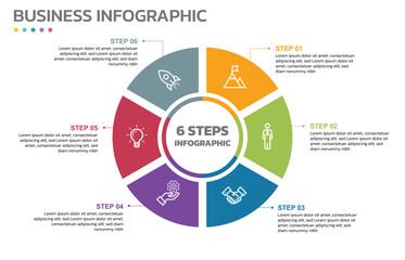 Poster - Visual data presentation. Cycle diagram with 6 options. Pie Chart Circle infographic template with 6 steps, options, parts, segments. Business concept. Marketing infographic vector illustration.