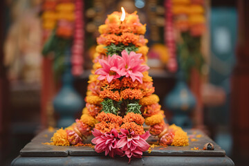 Traditional Indian floral garland toran made of marigold or zendu flower decorated temple or home. Happy Diwali festival, Pongal or Gudi Padwa. Decoration for Indian hindu holidays, wedding