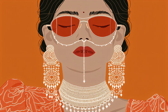 Young hindu woman with kundan jewelry. Beautiful indian or muslim girl, bride on her wedding day. Modern fashion concept. Bollywood dancer. Minimalistic flat lay illustration