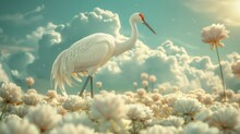 A Crane Standing In A Rice Paddy Of Marshmallow Treats,