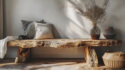 Wall Mural - Wooden bench made from rough wood slab. Rustic boho farmhouse home interior design of modern living room.