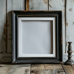 Photo frame mockup. Black framed photo frame on the floor next to a candle holder in a worn room. Interior mockup with house background.