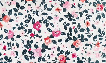 Wall Mural - seamless floral pattern on fabric with pink and red flowers and dark leaves, spring vibe  