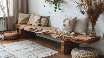 Wall Mural - Wooden bench made from rough wood slab. Rustic boho farmhouse home interior design of modern living room.