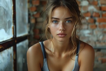 A young woman with casual style poses in front of a brick wall, portraying urban lifestyle