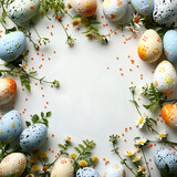 Fototapeta  - easter eggs border, easter eggs with flowers on white