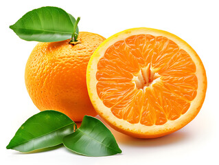 One whole orange and one slice of an orange with leaves isolated on a white background