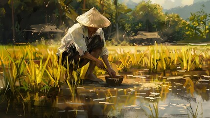 Asian chinese farmer workers working at rice farm fields and harvesting rice. vintage clothing with straw hats. beautiful sunrise in morning. pc desktop wallpaper background.