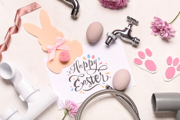 Poster - Composition with greeting card, plumber's items and Easter decor on light background