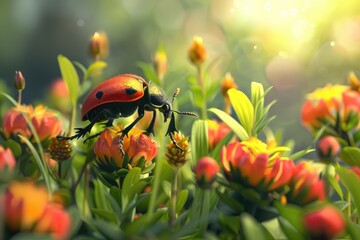 Poster - Beautiful ladybug on a flower in the garden. Spring background